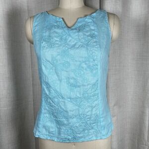 Susan Bristol Women's Small Sky Blue Tank Blouse Top Embroidered Floral Linen